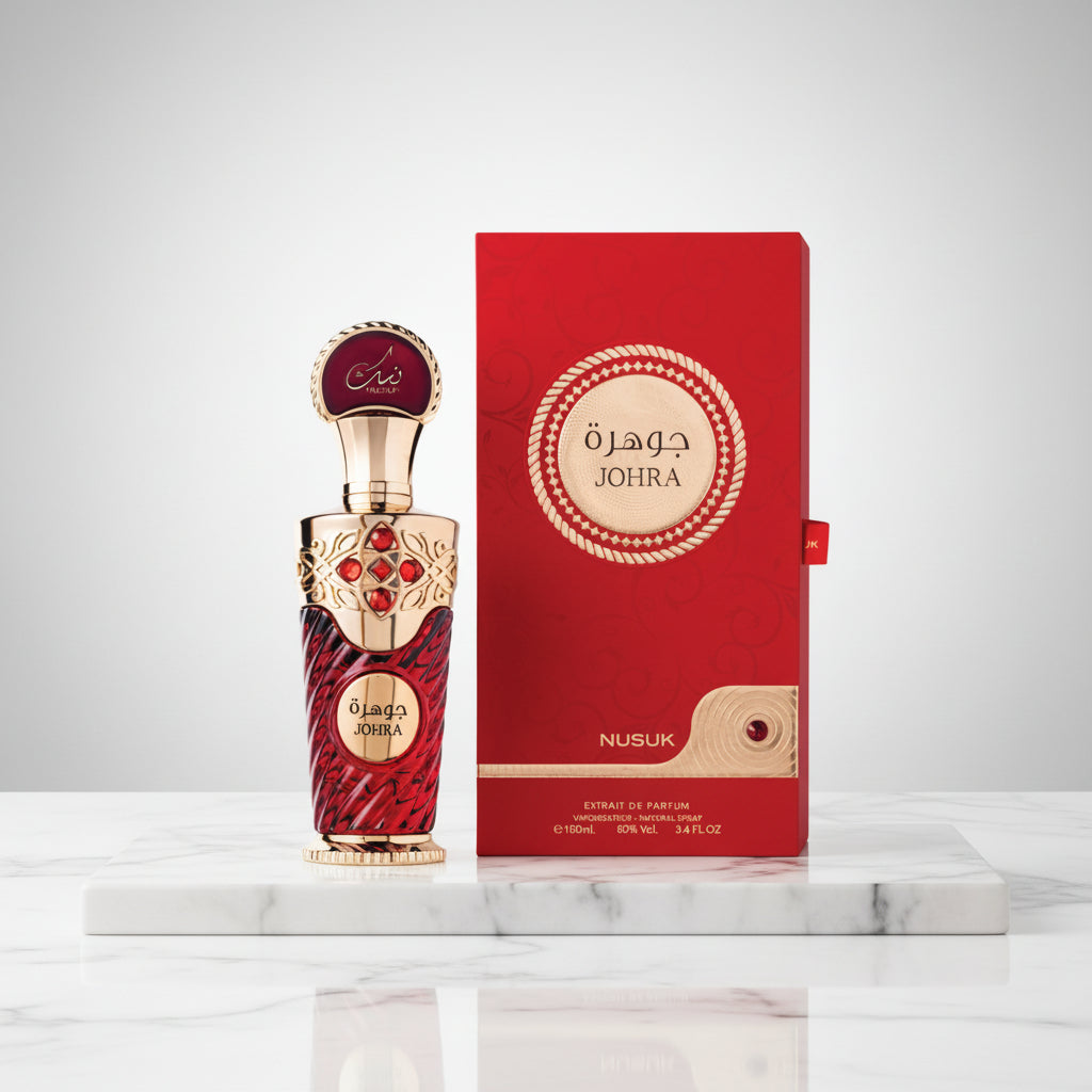 Perfume bottle and packaging with 'Johra' branding on a white background