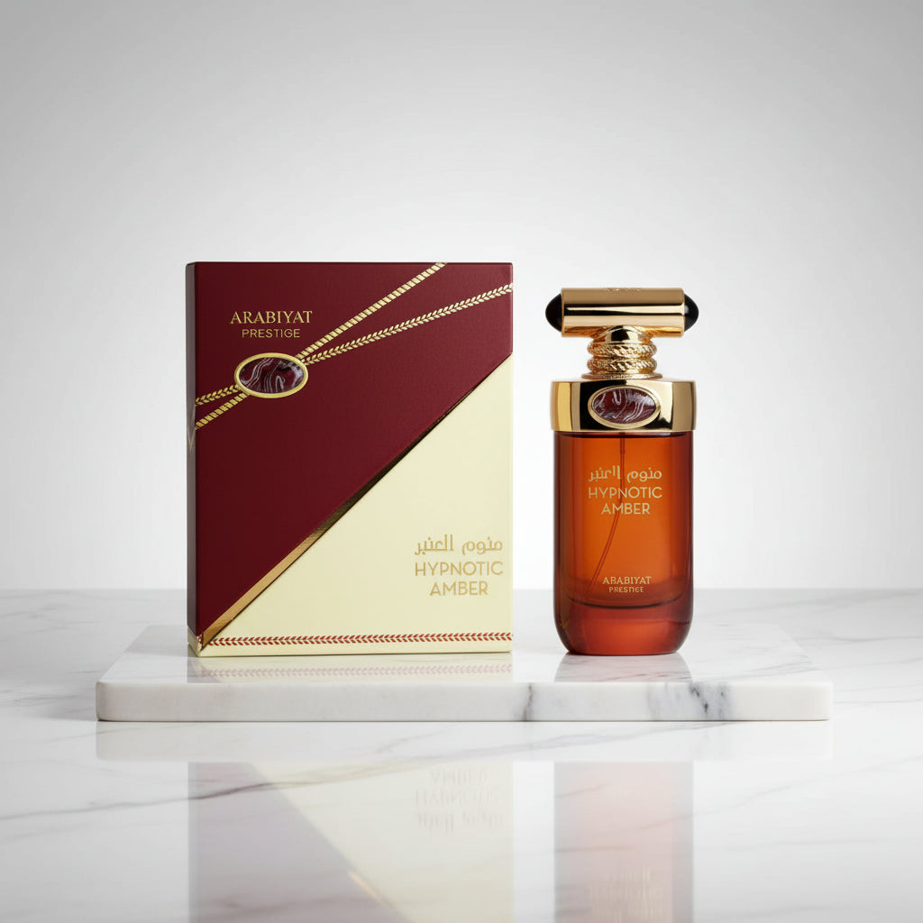 Arabiyat Prestige Hypnotic Amber perfume bottle and packaging on a white background