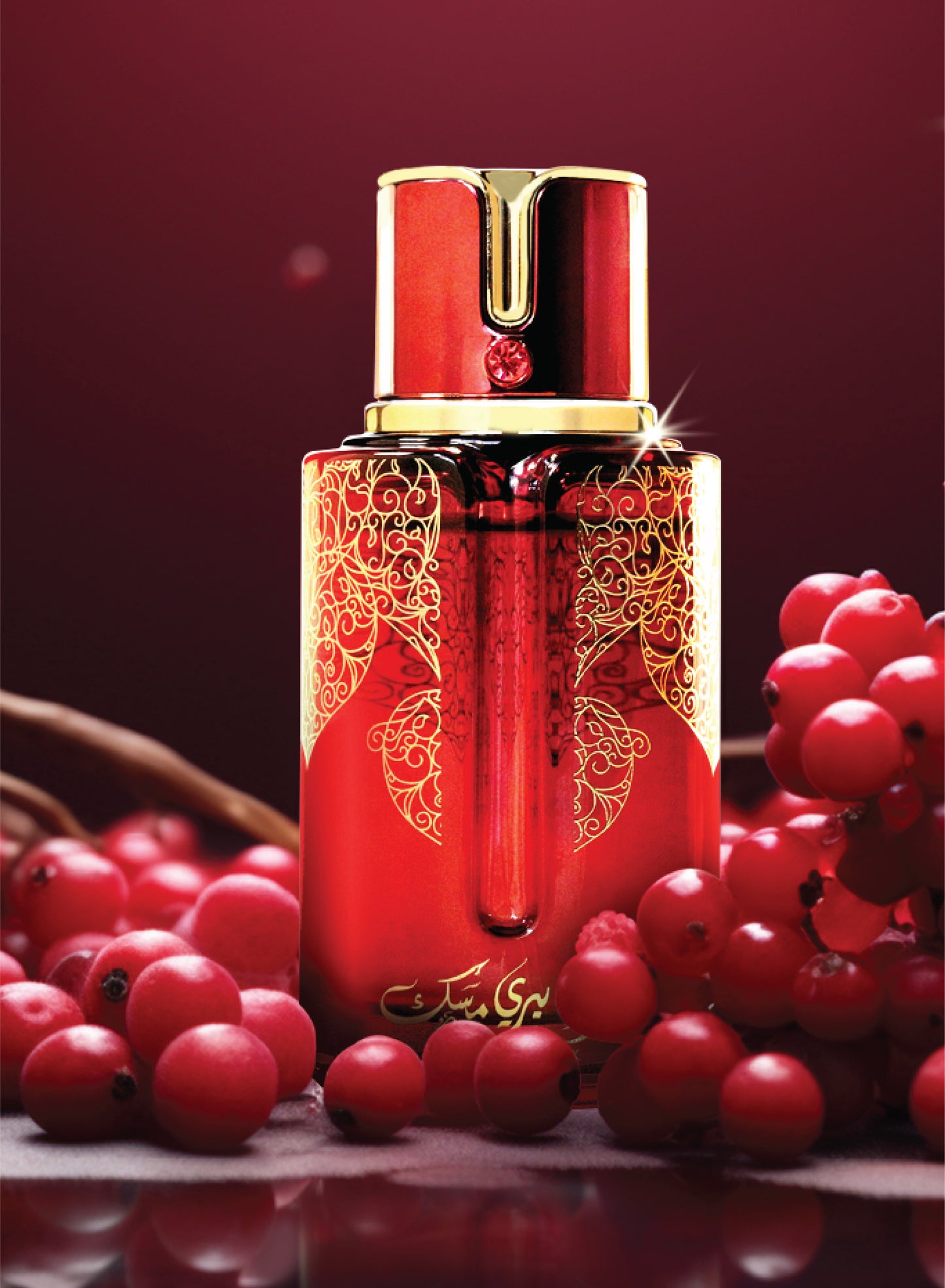 The ARABIYAT PRESTIGE - CRANBERRY MUSK 3.4FL.OZ EDP SPRAY features a luxurious red bottle with gold accents and Arabic script, set among red berries on a deep red background, evoking its unisex Cranberry Musk fragrance.