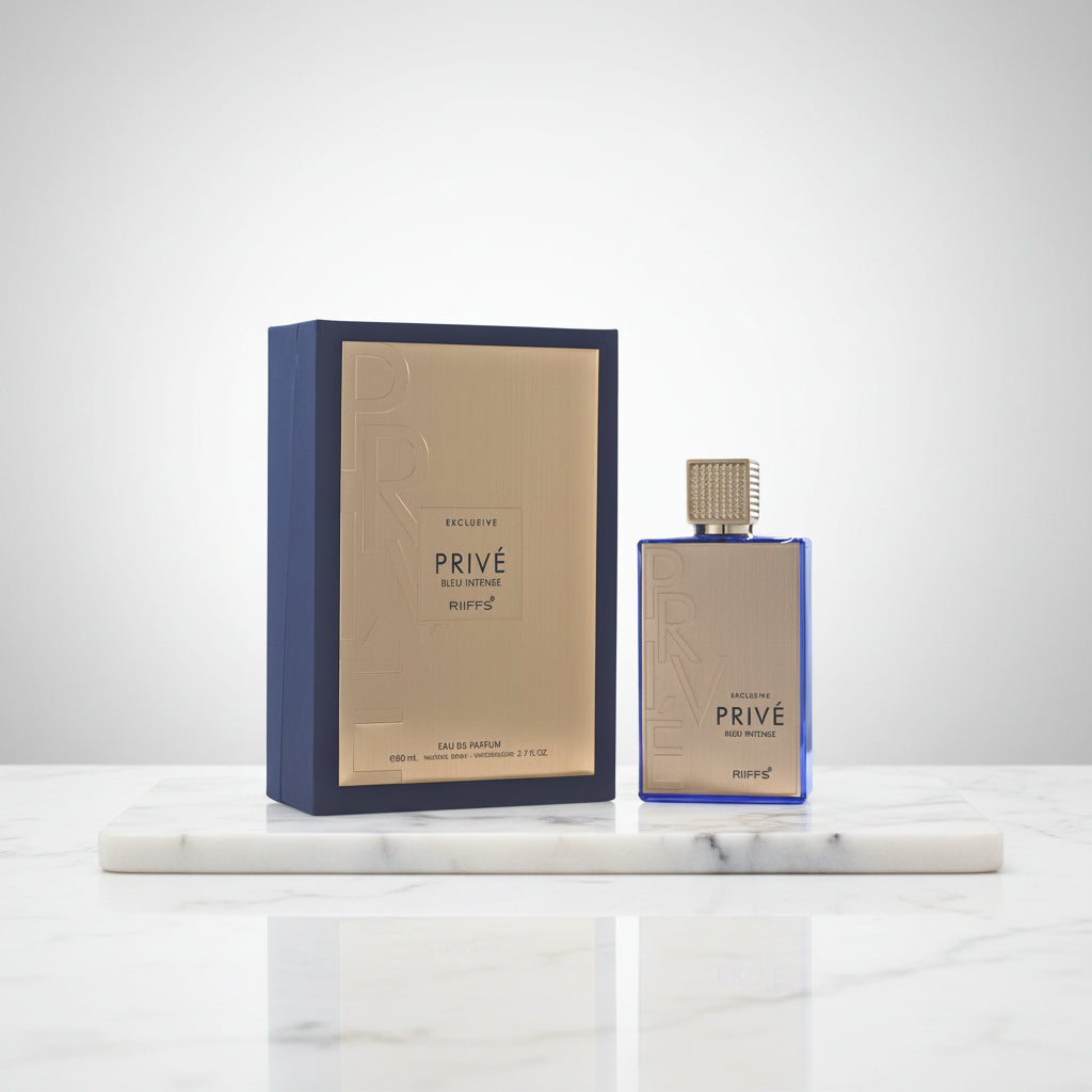 Ruffin' Privé Bleu Intense perfume bottle and packaging on a white background
