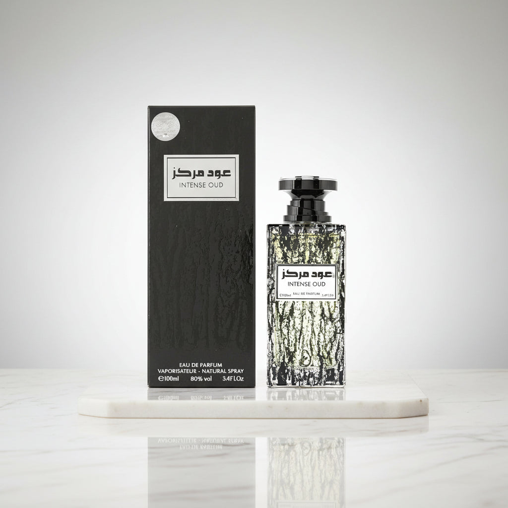 Perfume bottle and packaging of 'Intense Oud' by a brand on a white background