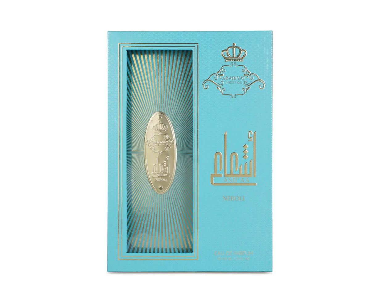 A turquoise ARABIYAT PRESTIGE ASHA'A NEROLI perfume box with gold Arabic & English text, a crown logo on top, and an oval gold emblem centers the design. "NEROLI" at the bottom hints at a citrus-aromatic scent for all. 3.7 fl.oz EDP spray for women and men.
