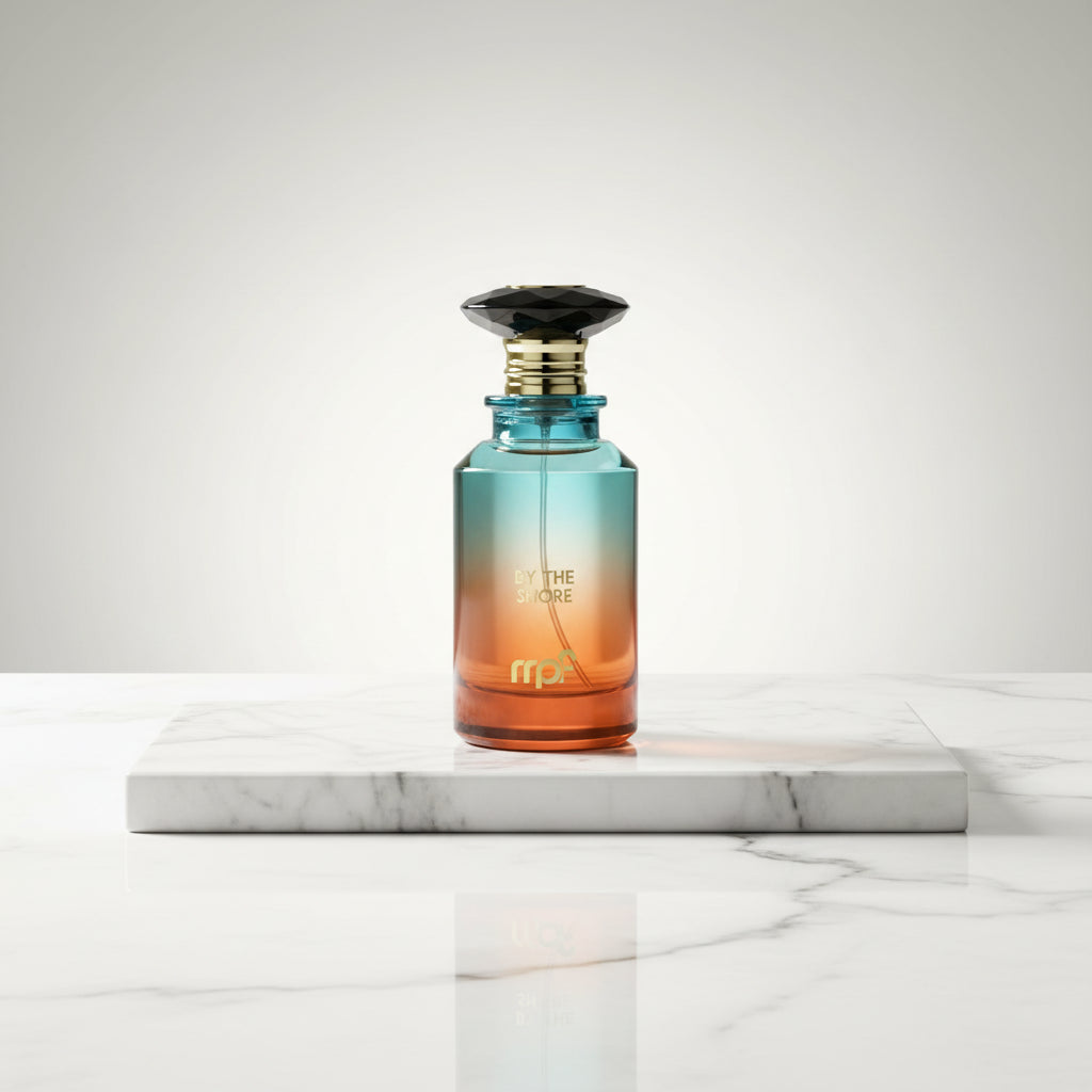 Perfume bottle with gradient design and 'mp' logo on a white background