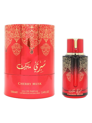 Red Cherry Musk perfume bottle and packaging on a black background