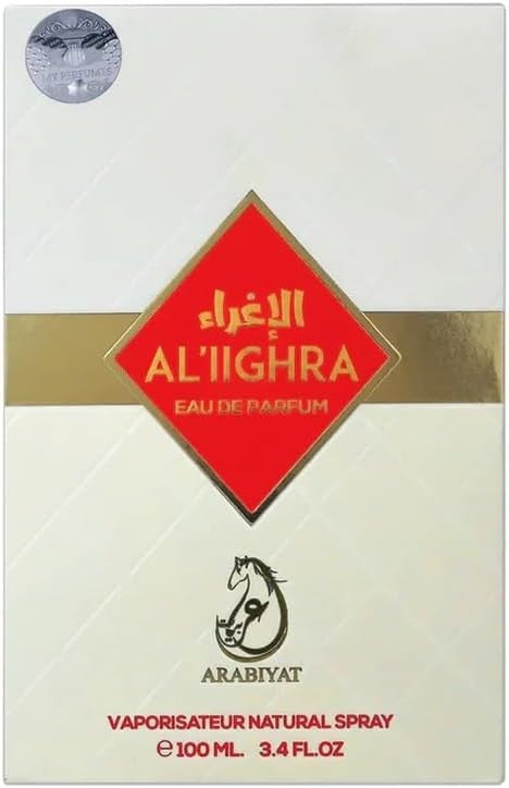 A white and gold box for ARABIYAT - AL IIGHRA 3.4FL.OZ EDP SPRAY FOR WOMEN AND MEN features a red diamond label with gold text, horse logo, ARABIYAT branding, and spray details below.