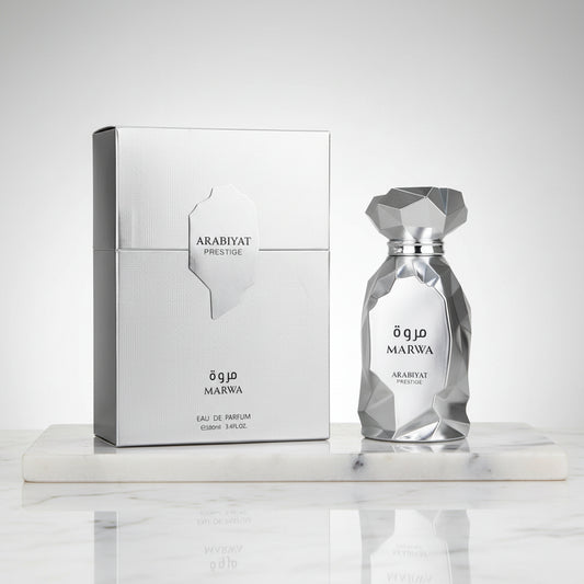 Marwa Arabiyat Prestige perfume bottle and packaging on a white background