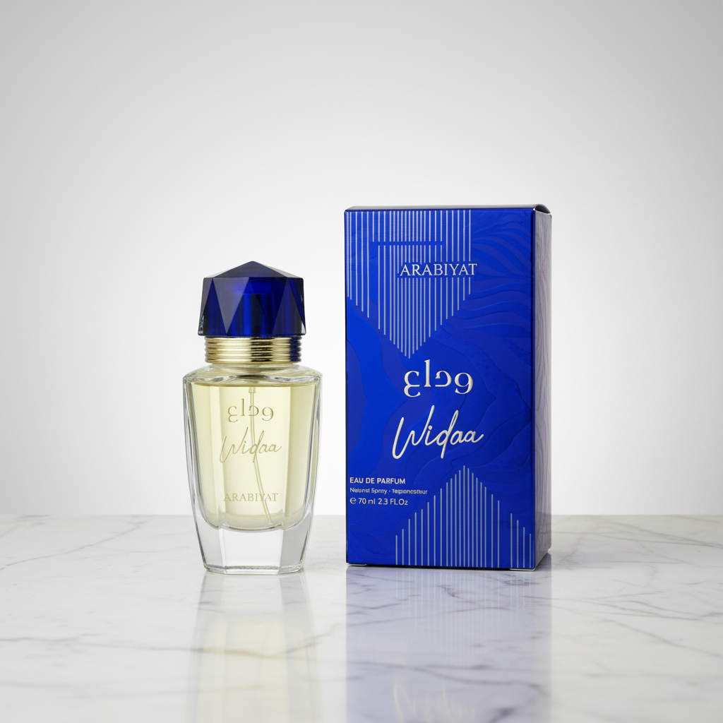 Perfume bottle and packaging of Arabiyat Widaa on a white background