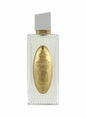 The ARABIYAT PRESTIGE - ASHA'A BLANC 3.7FL.OZ EDP Spray features a clear glass bottle with a white cap and gold-engraved Arabic label, set against radiant white lines—ideal for fresh or elegant green tea fragrances for both women and men.