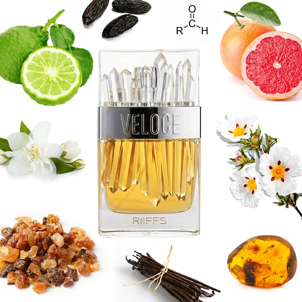 A bottle of Riiffs Veloce fragrance centered on a white background, surrounded by ingredient visuals including lime, grapefruit, white flowers, amber, vanilla beans, and a chemical structure formula. The bottle contains golden yellow liquid and has a silver cap band with the word VELOCE.