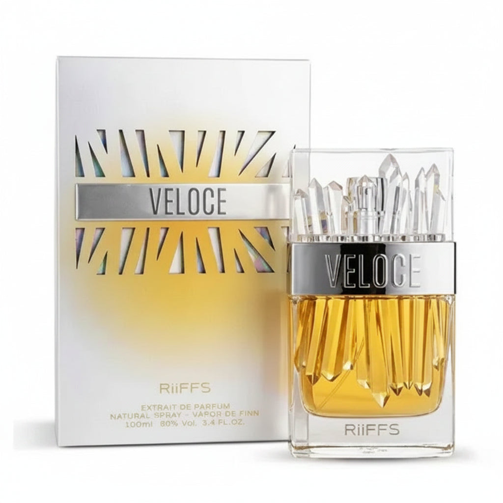 Perfume bottle and packaging of 'Veloce' by Riiffs on a white background