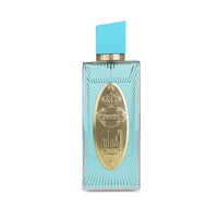 A rectangular ARABIYAT PRESTIGE - ASHA'A NEROLI 3.7 FL.OZ EDP spray for women and men, featuring a turquoise cap, gold oval label with engraved details, and turquoise lines on clear glass—perfect for its citrus-aromatic scent.