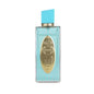 A rectangular ARABIYAT PRESTIGE - ASHA'A NEROLI 3.7 FL.OZ EDP spray for women and men, featuring a turquoise cap, gold oval label with engraved details, and turquoise lines on clear glass—perfect for its citrus-aromatic scent.