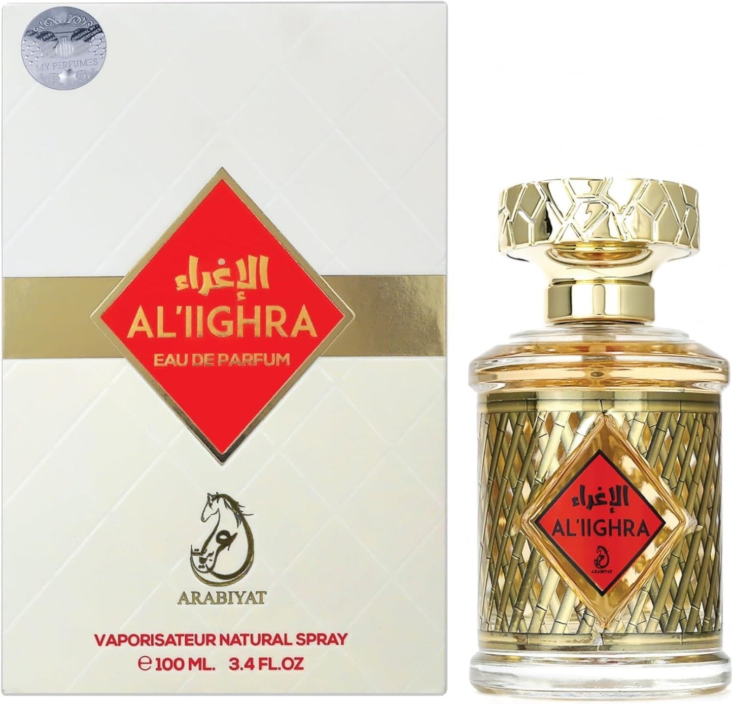 A gold and clear 3.4 fl.oz bottle of ARABIYAT - AL IIGHRA EDP Spray for Women and Men with a gold cap, in a white box featuring gold accents and a red label displaying the brand and product name.