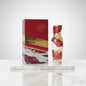 Perfume bottle and packaging with marbled design and gold accents on a white background