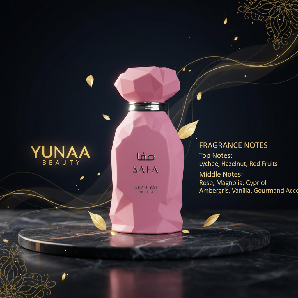 SAFA Perfume with Fragrance Notes and YUNAA BEAUTY Logo